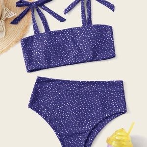 Blue and white polka dot bikini set.